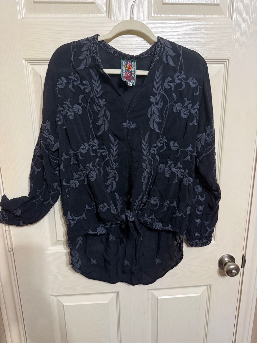 Johnny Was Navy Embroidered Tie-Front Tunic
